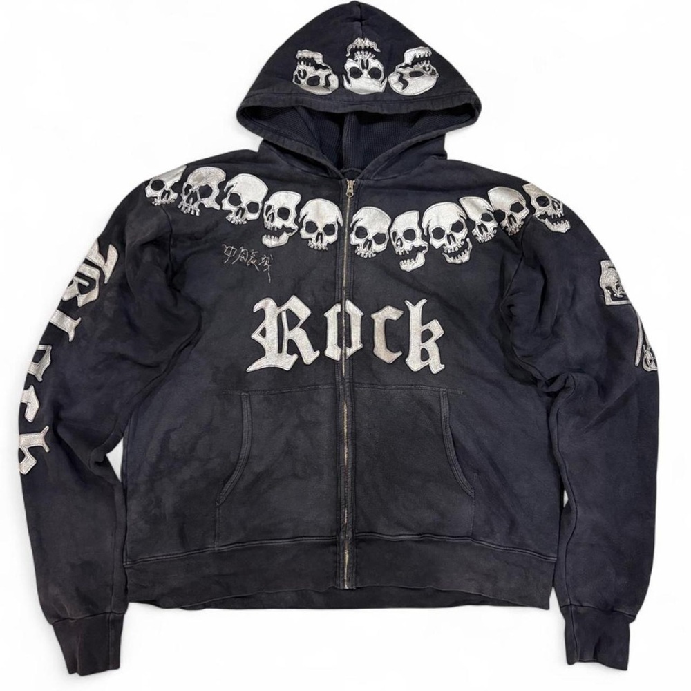 Y2K Vintage The Great China Wall Leather Skull & Cross Rock Hoodie